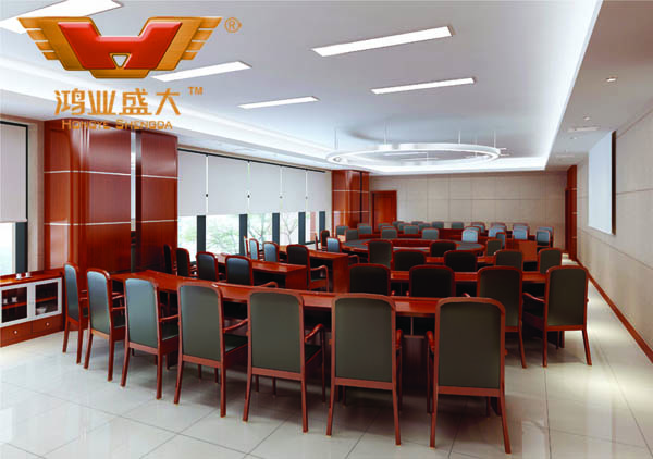 鴻業(yè)設(shè)計師根據(jù)要點2，為客戶設(shè)計的3D會議室家具擺放效果圖解決方案